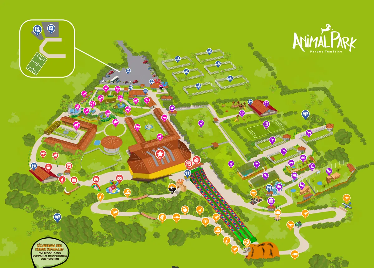 Plano ilustrado de Animal Park con las cuatro áreas y las 65 paradas numeradas
